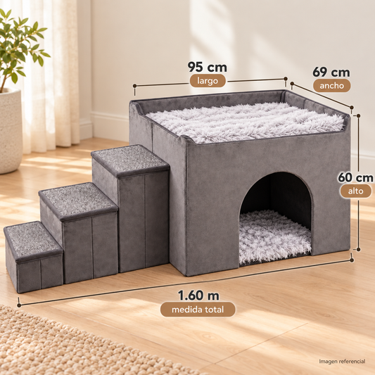 PetMaison — Casita para Mascotas con Cama Superior y Escalera de 3 Peldaños