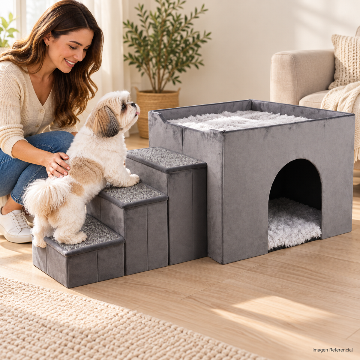 PetMaison — Casita para Mascotas con Cama Superior y Escalera de 3 Peldaños