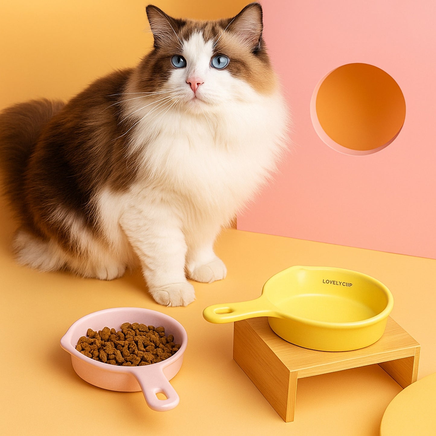 Lovely Cat Gourmet Dish Plato de Cerámica con Base de Madera