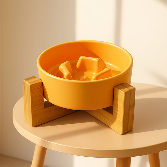 PetFeast Plato de Cerámica con Base de Madera para Mascotas
