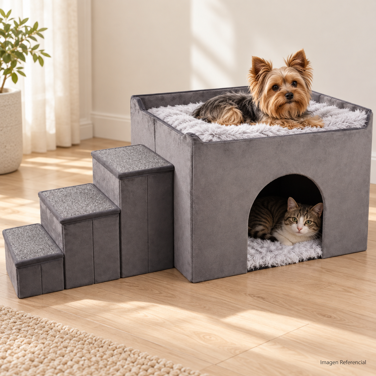 PetMaison — Casita para Mascotas con Cama Superior y Escalera de 3 Peldaños