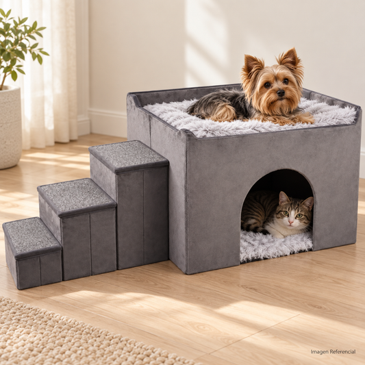 PetMaison — Casita para Mascotas con Cama Superior y Escalera de 3 Peldaños