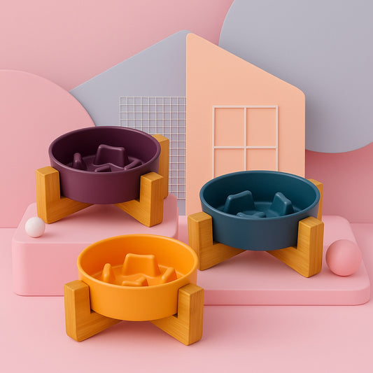 PetFeast Plato de Cerámica con Base de Madera para Mascotas